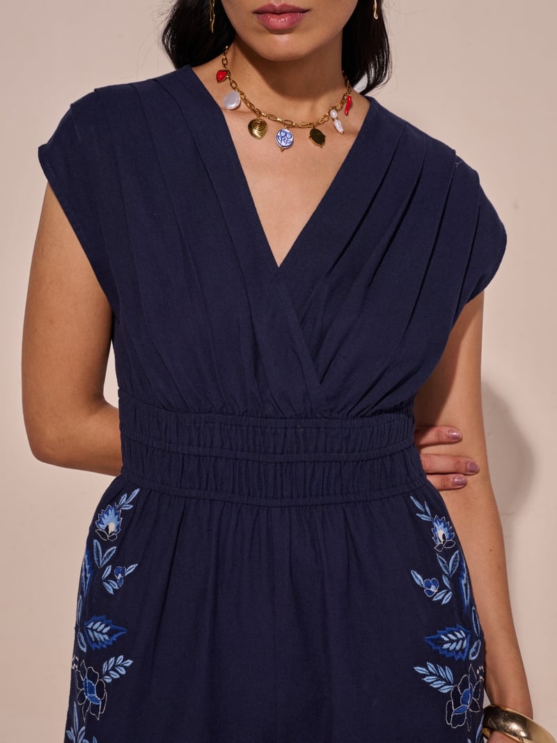 Blue V-Neck Smocked Waist Embroidered Jumpsuit