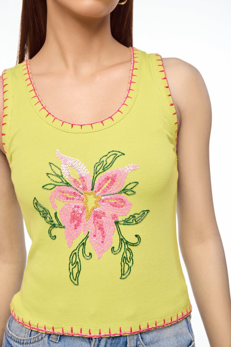 Green Rib-Knit Embroidered Tank Top