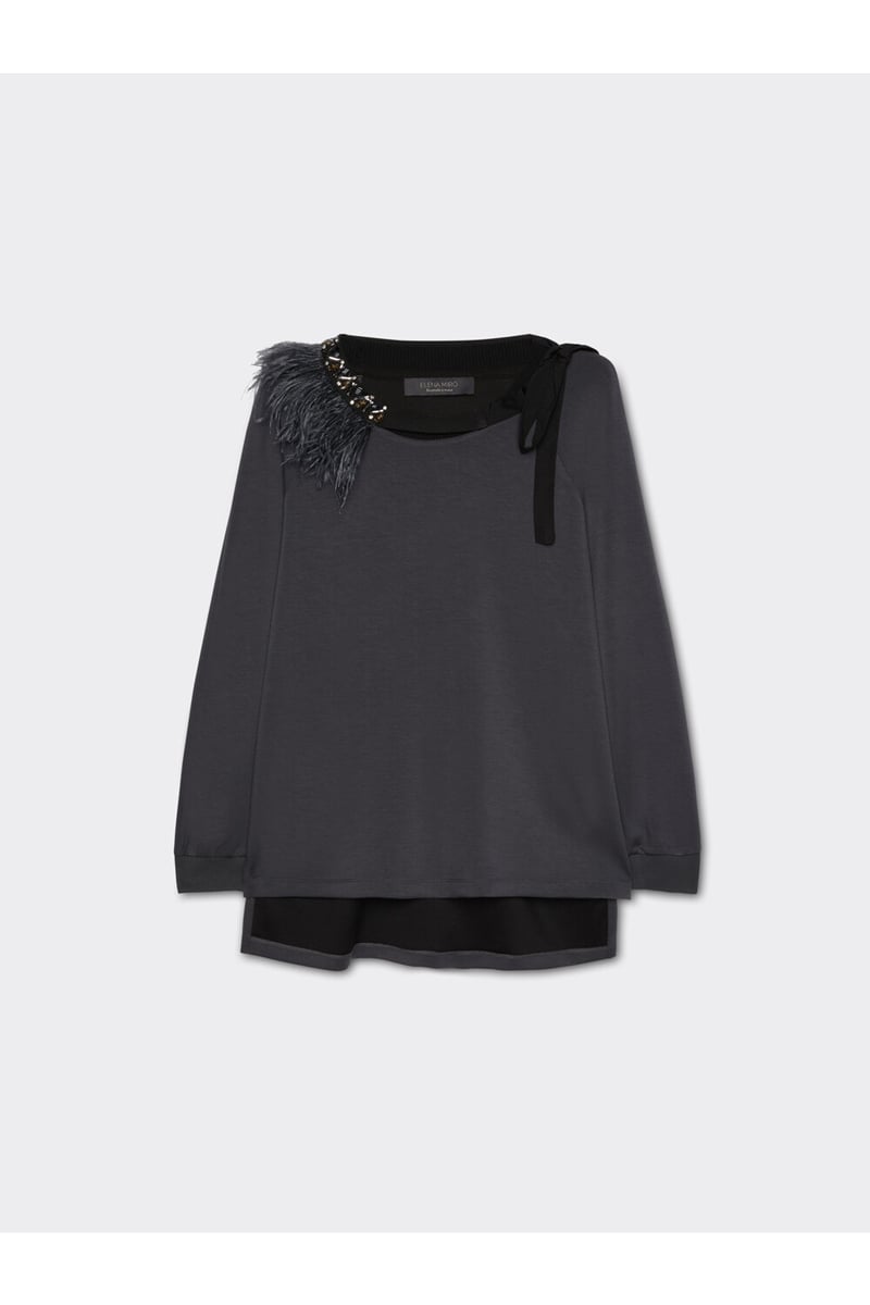 Grey Scuba Knit Top with Embellished Feather Neckline — ELENA MIRO