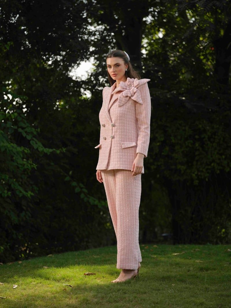 Pink Tweed Double-Breasted Blazer with 3D Shoulder Flower