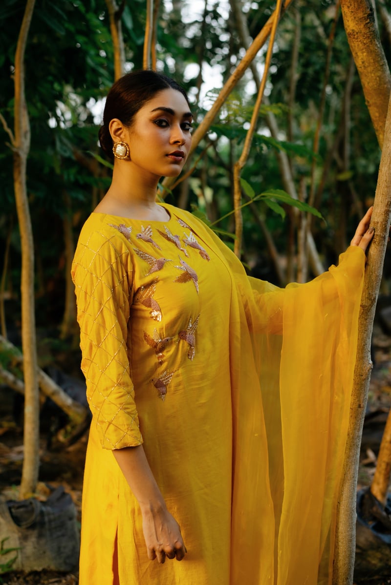 Yellow A-Line Embroidered Kurta Set with Palazzo and Dupatta