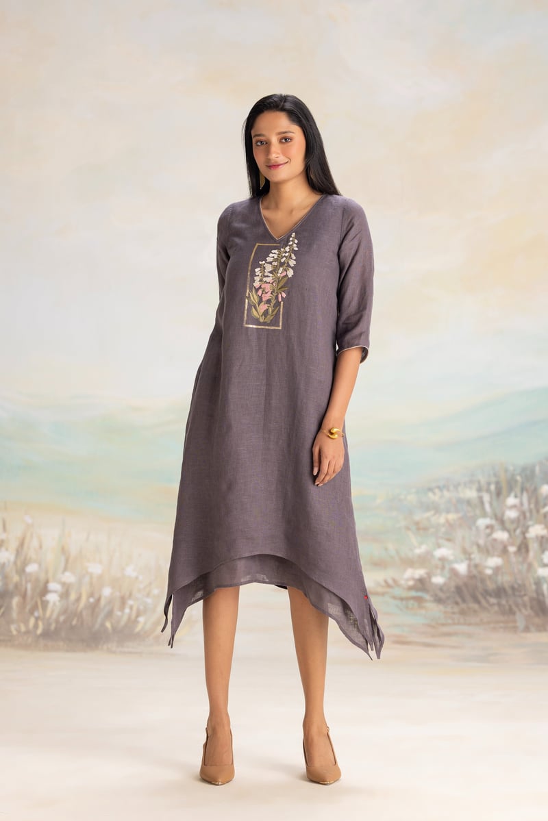 Iron Linen V-Neck Embroidered Fit and Flare Midi Dress