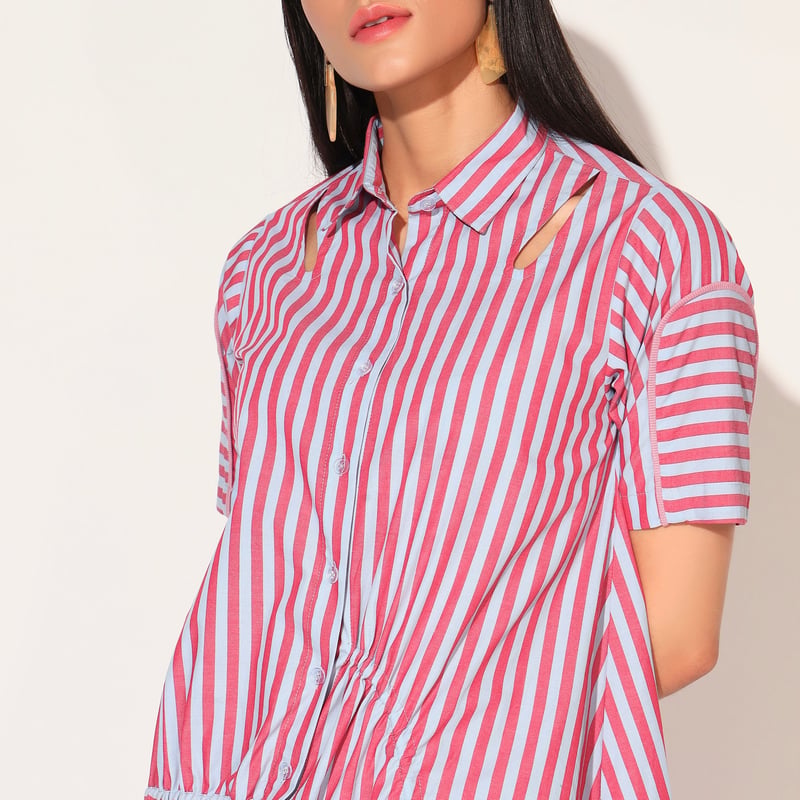 Red and Blue Colorblocked Striped Shirt Dress