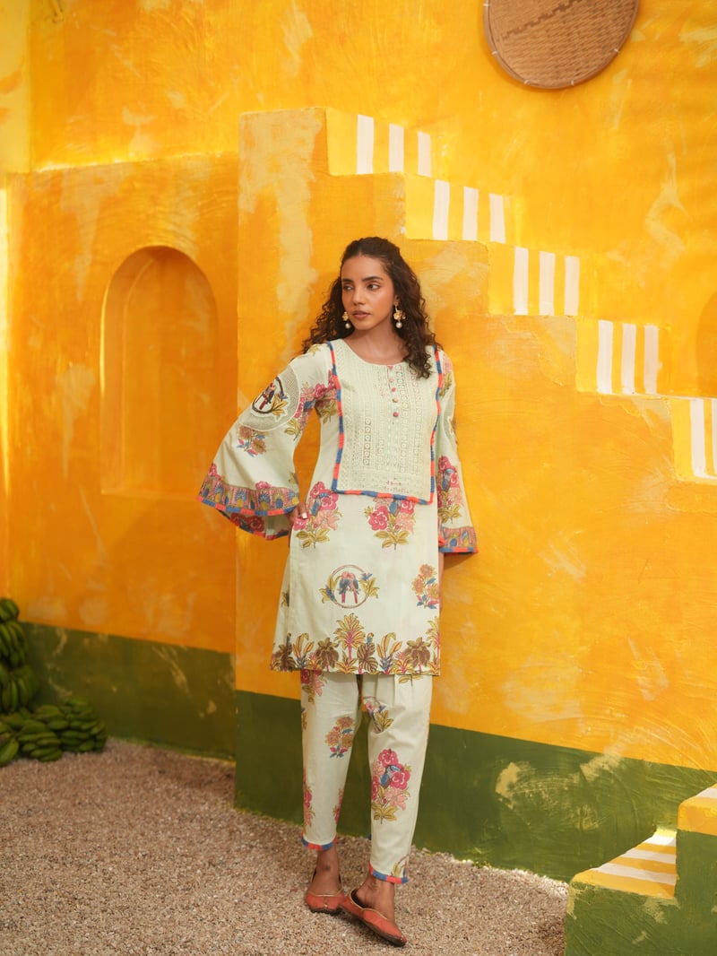 Cool Mint Printed Cotton Kurta Set with Bell Sleeves