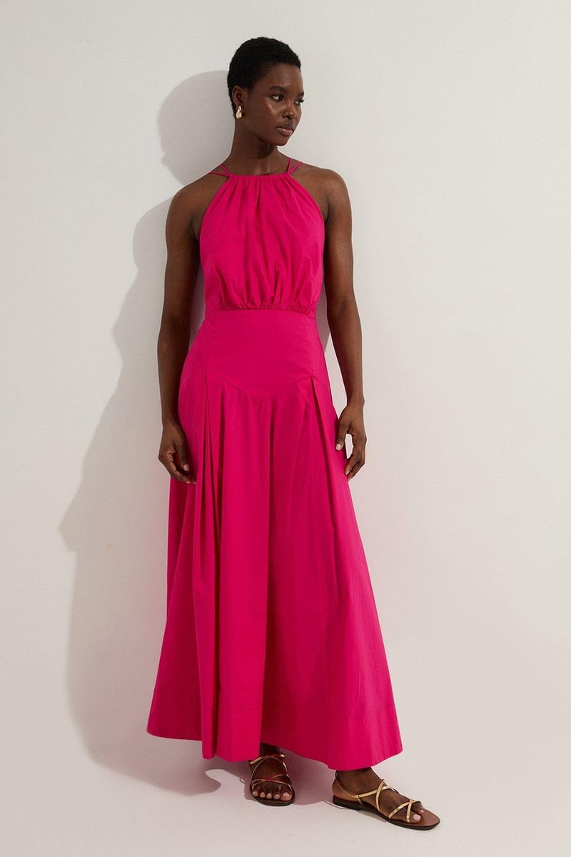 Hot Pink Cotton Halter Neck Midi Dress with Dropped Waist