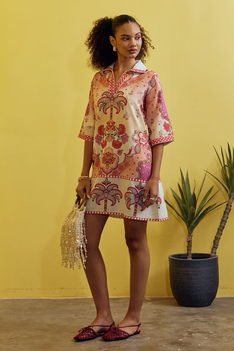 White Printed Mini Shirt Dress in Rayon Slub
