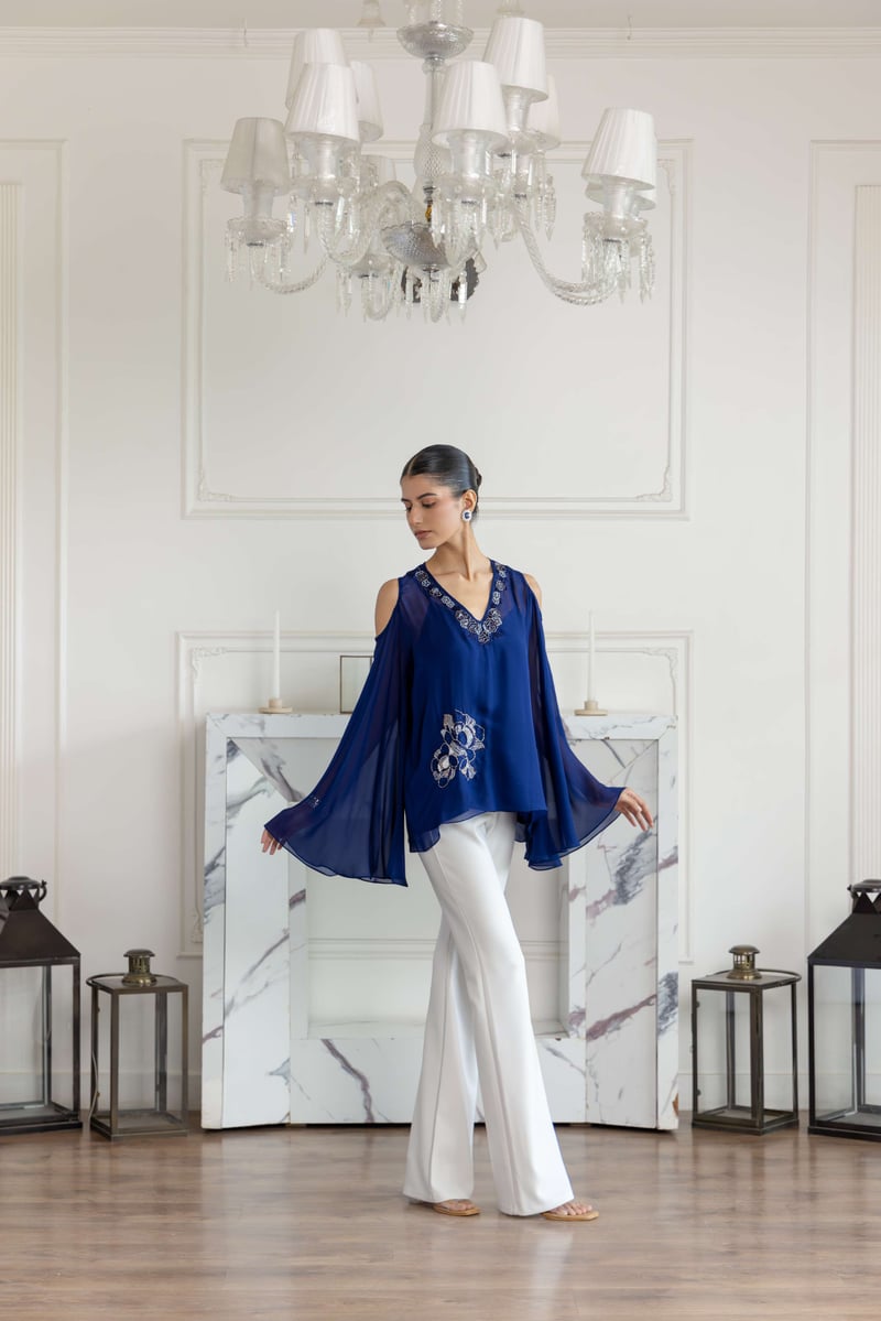 Seraphine Navy Blue Hand Embroidered Flat Chiffon Top