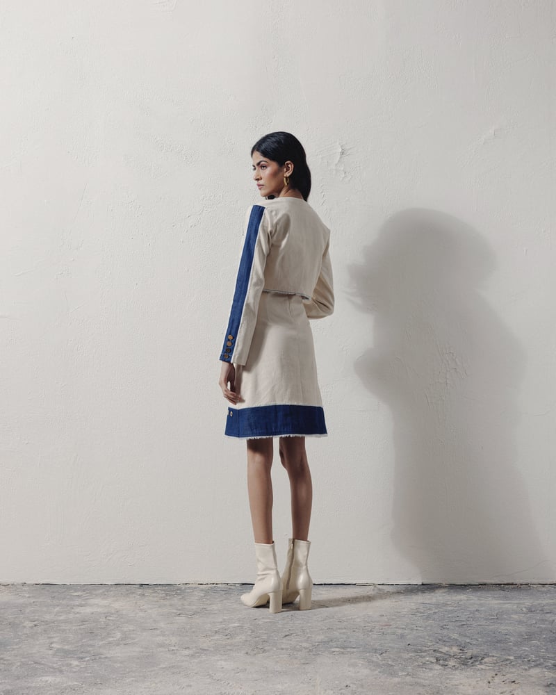 White and Blue Denim Knee-Length Dress with Jacket Set