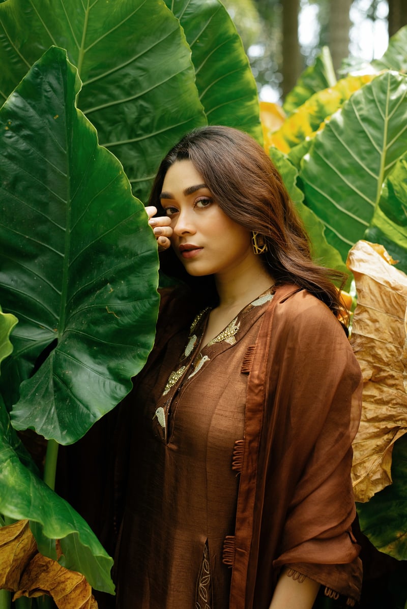 Brown A-Line Embroidered Kurta Set with Dupatta