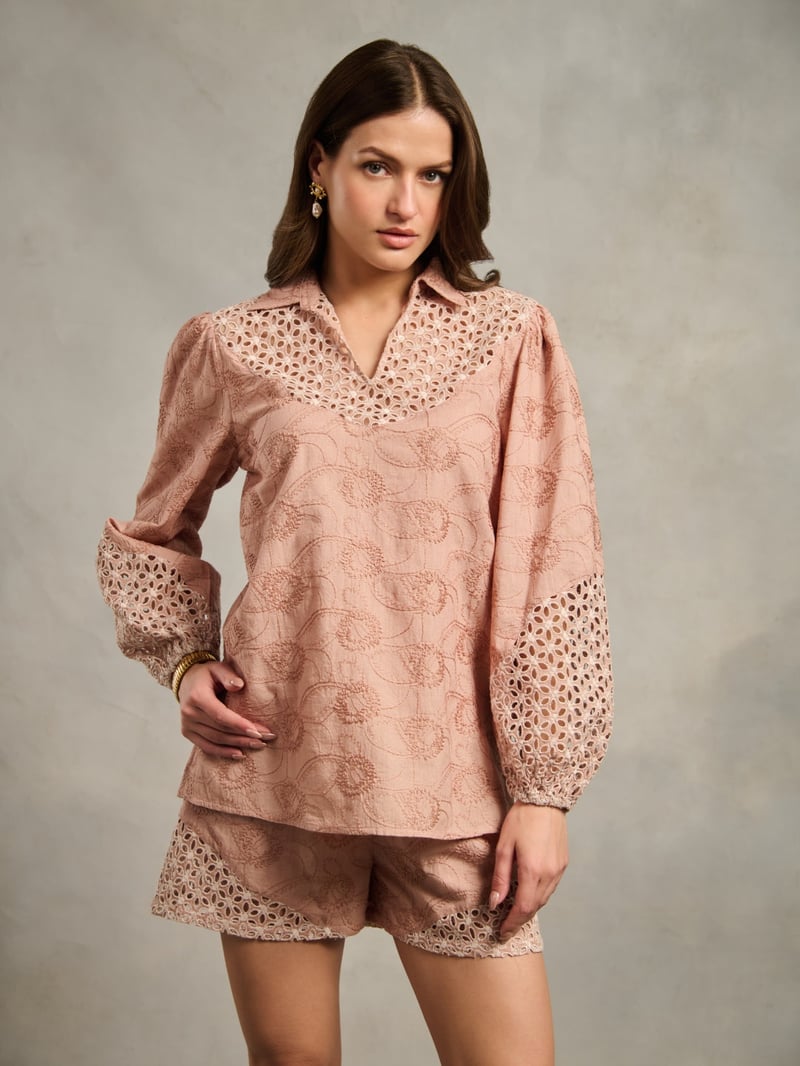 Peach Cotton Schiffli Cutwork Collared Blouse