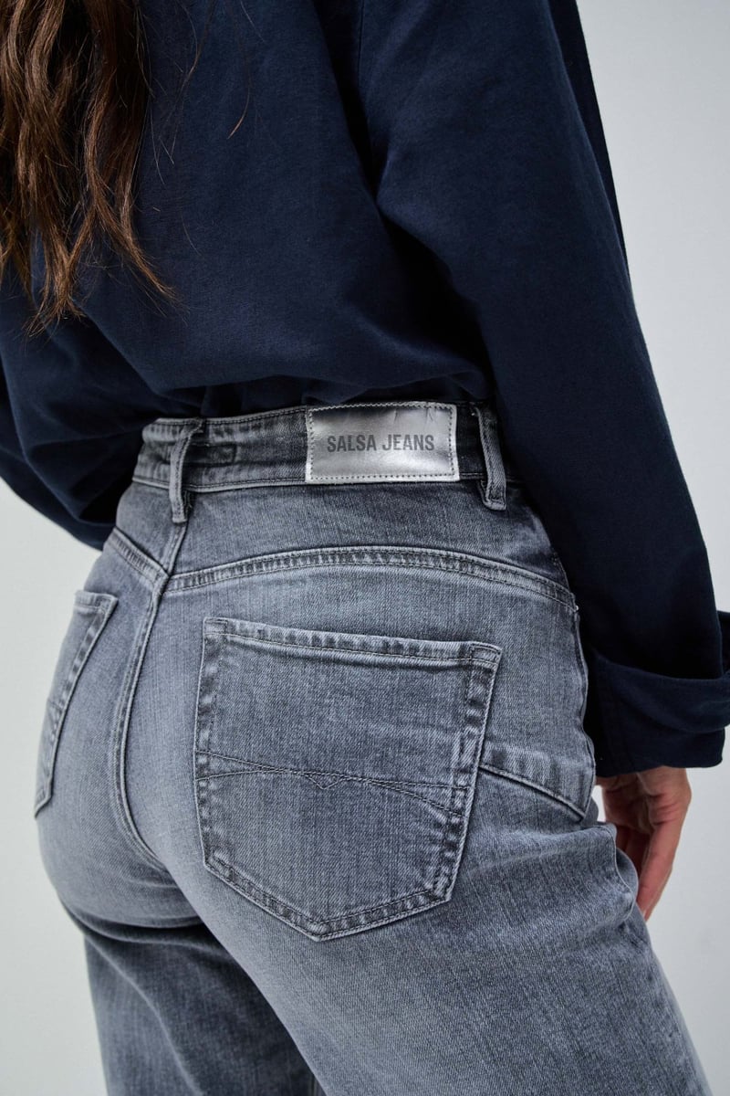 Light Grey High-Rise Straight-Leg Jeans with Cuffed Hem