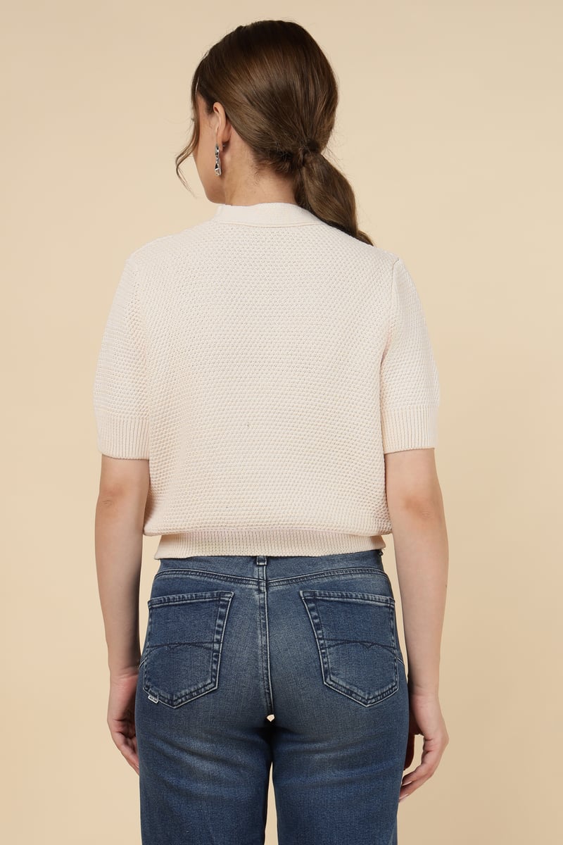 Beige V-Neck Cropped Button-Front Knit Cardigan