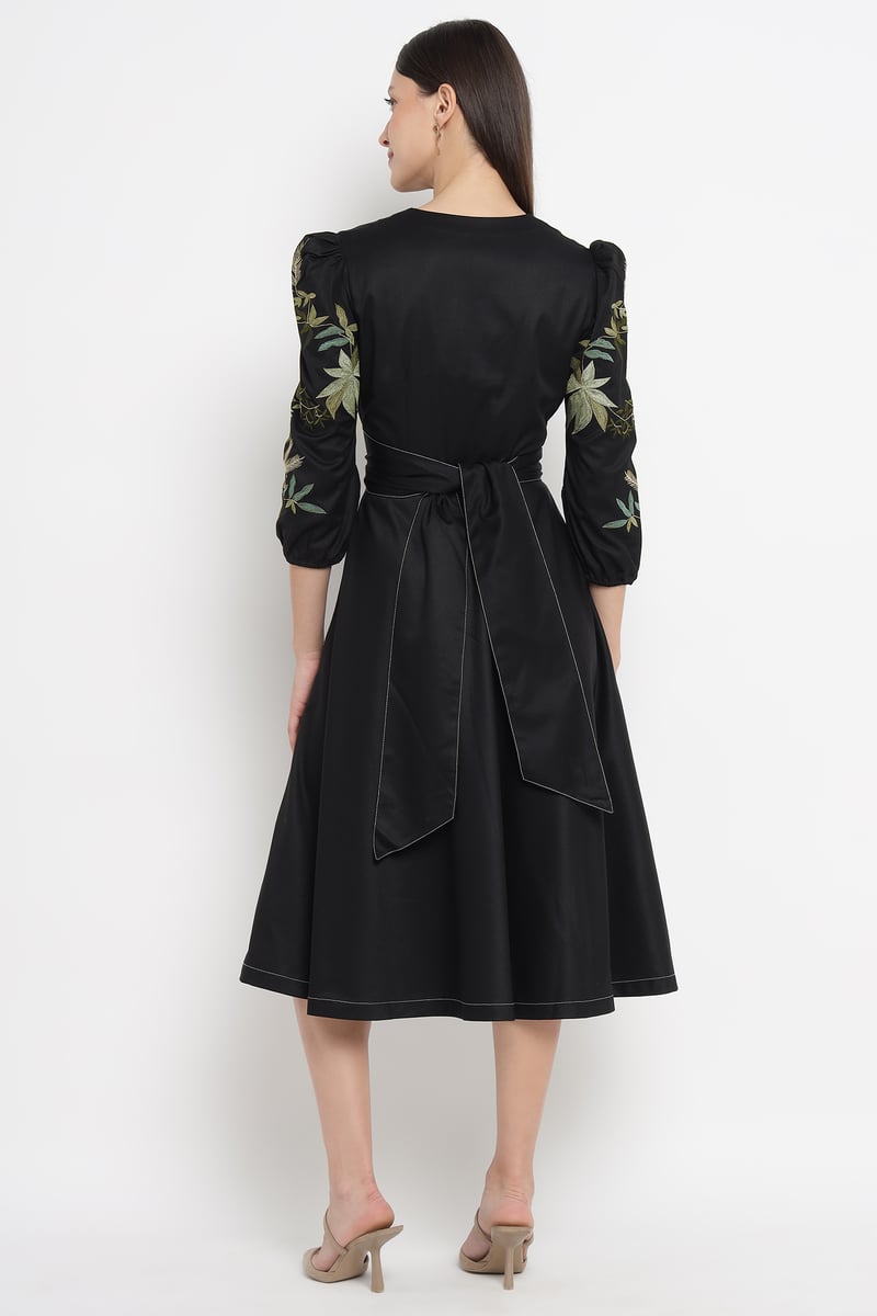 Black Fit and Flare Midi Dress with Embroidered Sleeves