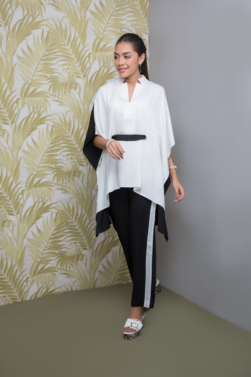 Black White Kaftan Top and Straight Pants Co-ord Set