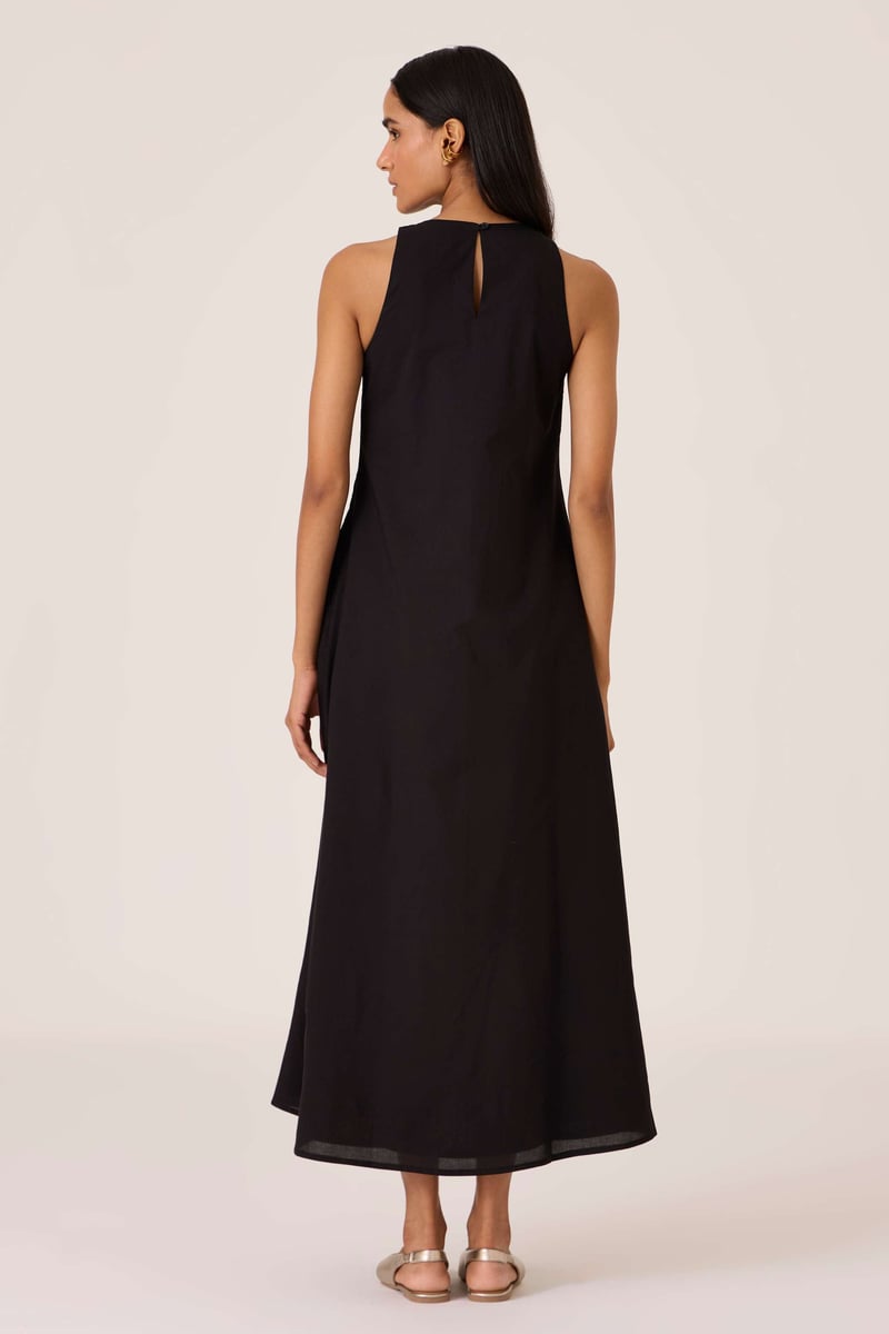 Black Pintuck Bodice Embroidered Maxi Dress