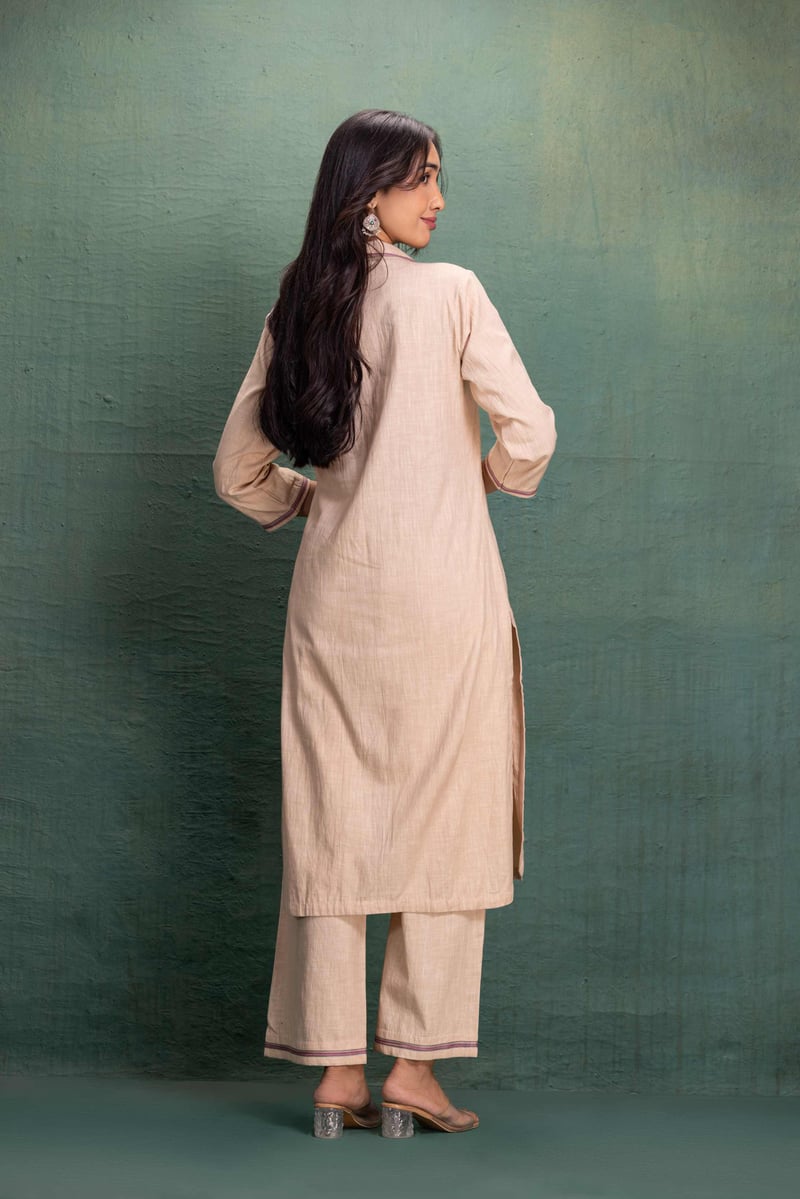 Beige Machine Embroidery Coord Set