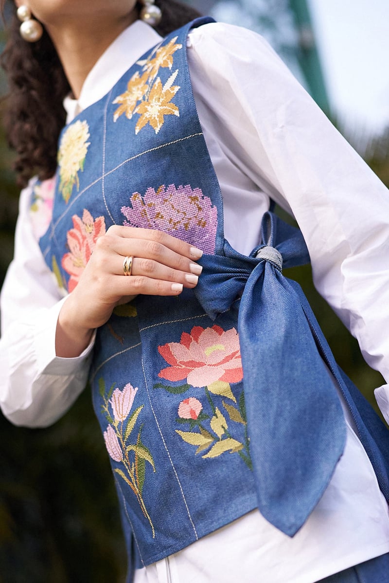 White Shirt with Floral Denim Vest and Shorts Co-ord Set