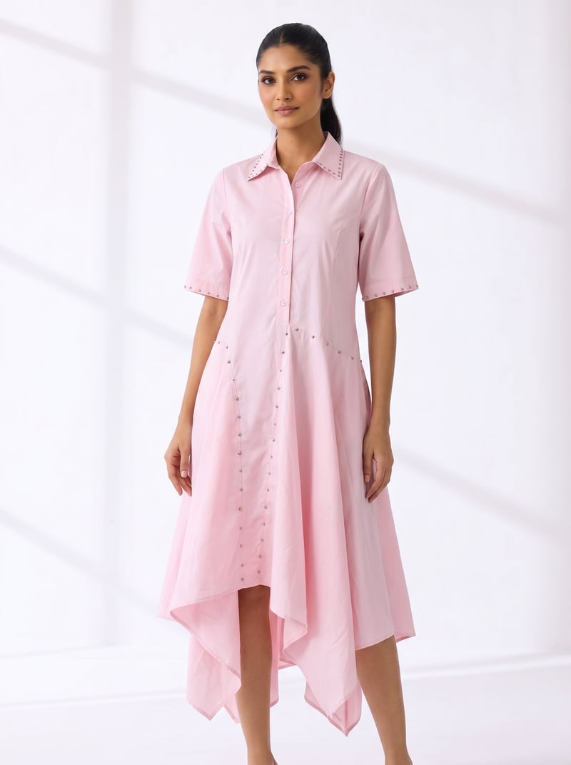 Baby Pink Cotton Midi Shirt Dress with Stud Details — Ang-sa