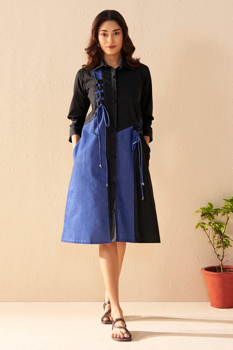Black/Blue Colorblocked Midi Shirt Dress with Lace-Up Detail