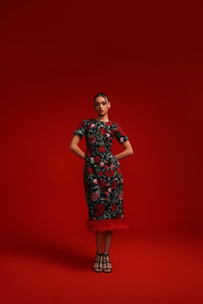 Black/Red Rose Embroidered Mesh Sheath Midi Dress