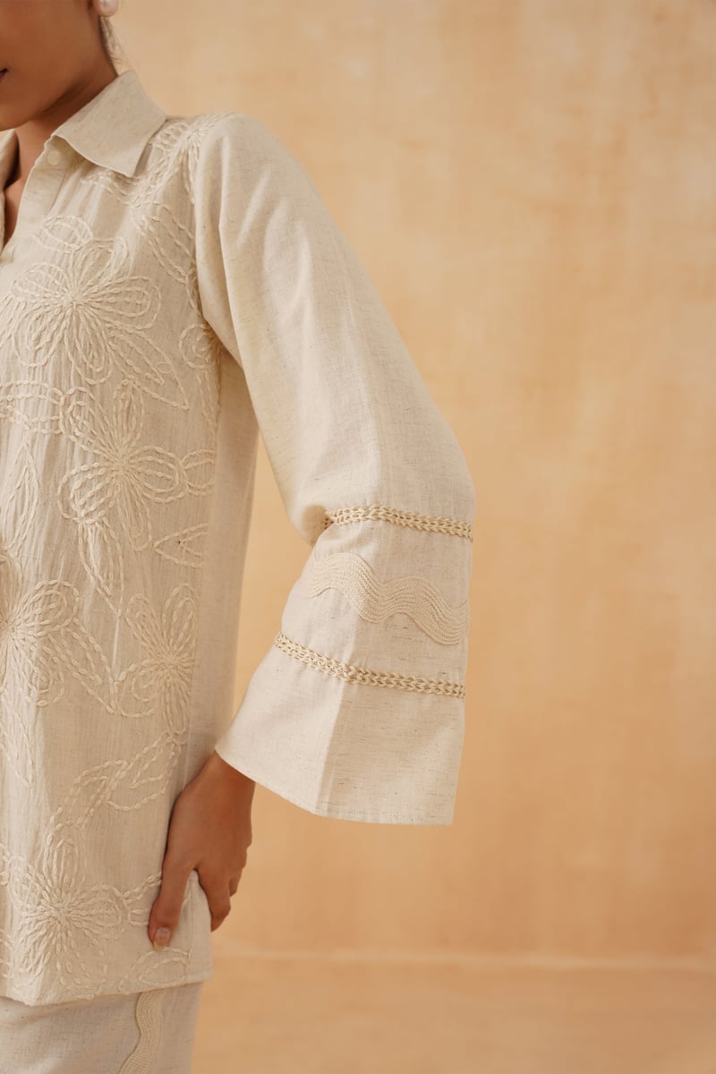 Cream Hand-Embroidered Cotton Co-ord Set