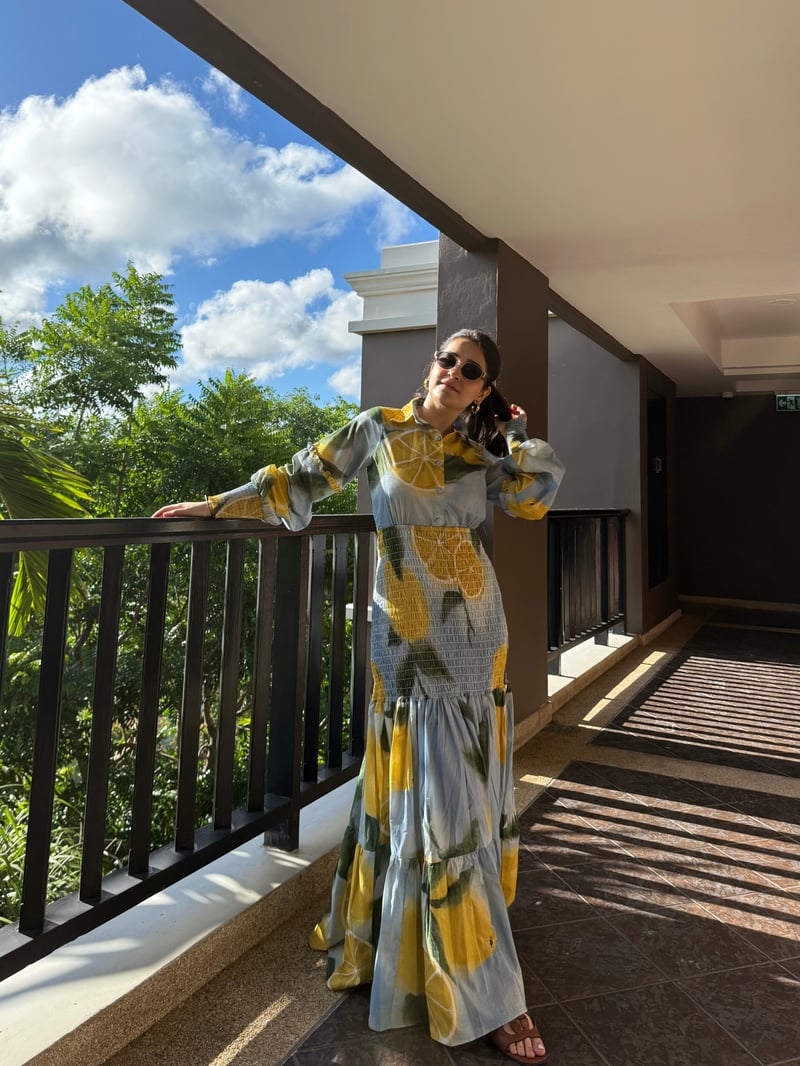 Blue Lemon Print Collared Tiered Maxi Dress