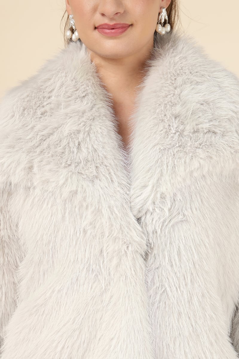Beige Cropped Faux-Fur Jacket with Lapel Collar
