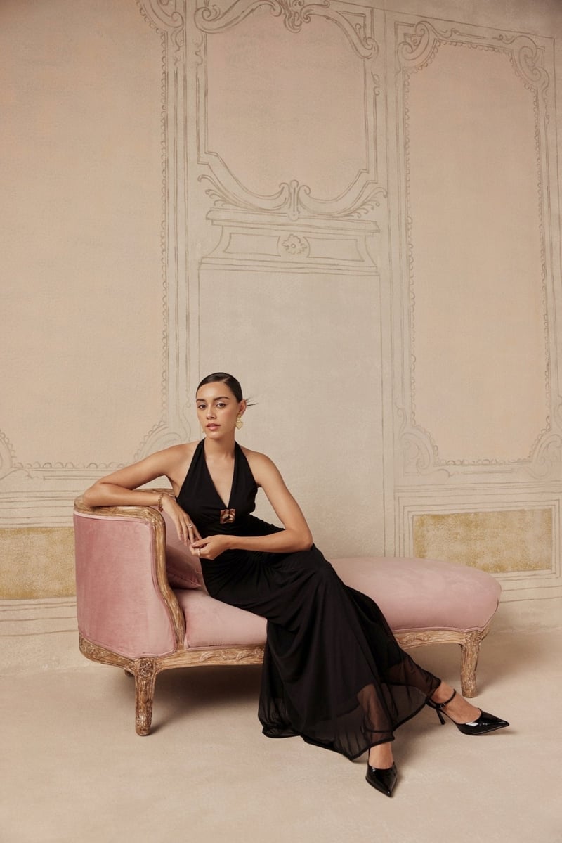 Black Halter Neck Ruched Maxi Dress with Metallic Accent