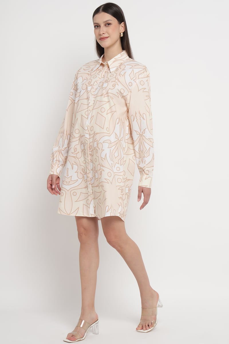 PALMA BEIG Printed Mini Shirt Dress with Button Front