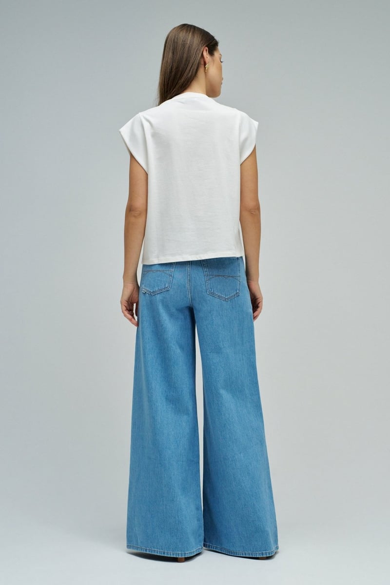 White Cotton T-Shirt with Denim Floral Applique