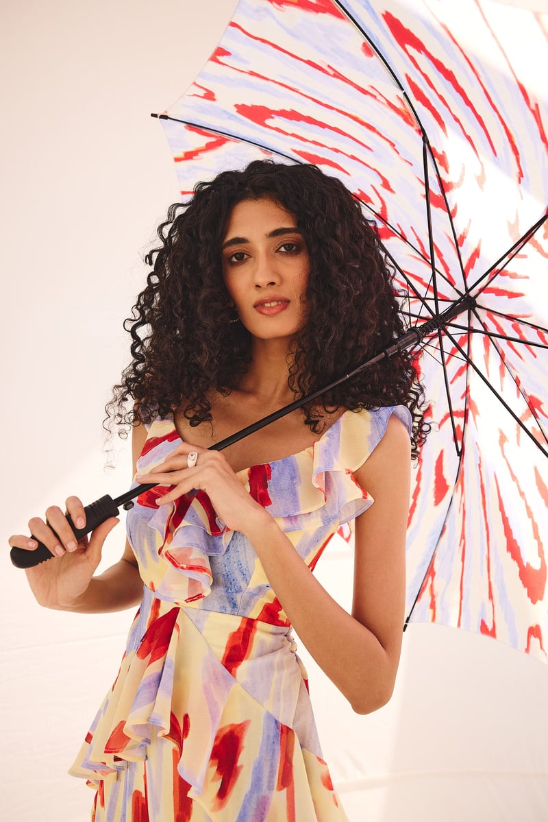 Multicolor Abstract Print Ruffle Mini Dress in Georgette