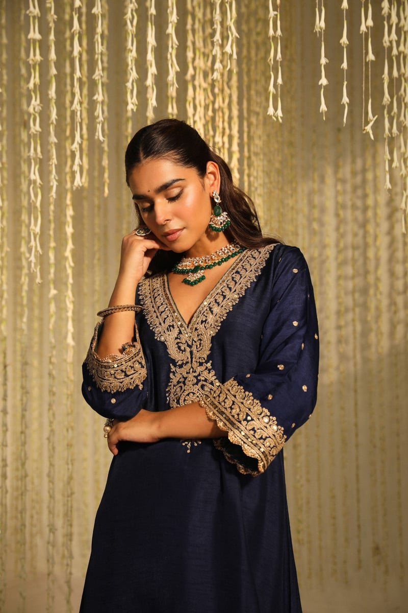 Dark Blue Silk Dupion V-Neck Choga Kurta Set with Salwar
