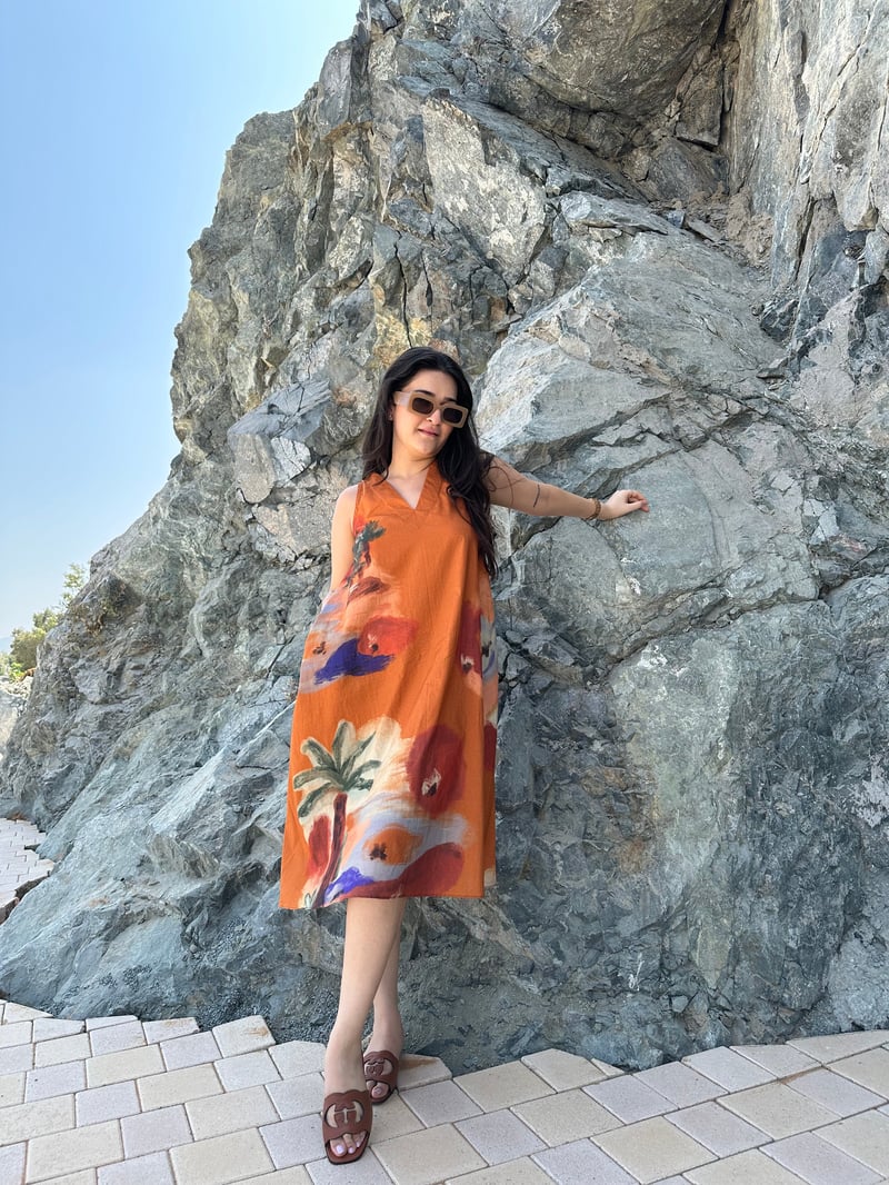 Rust Abstract Floral Printed Cotton Midi Dress with Pockets