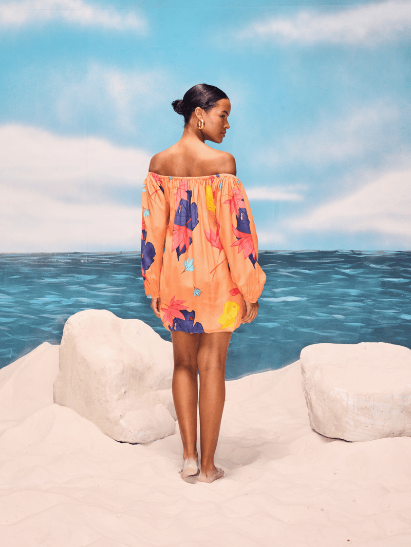 Peach Off-Shoulder Floral Bubble Mini Dress