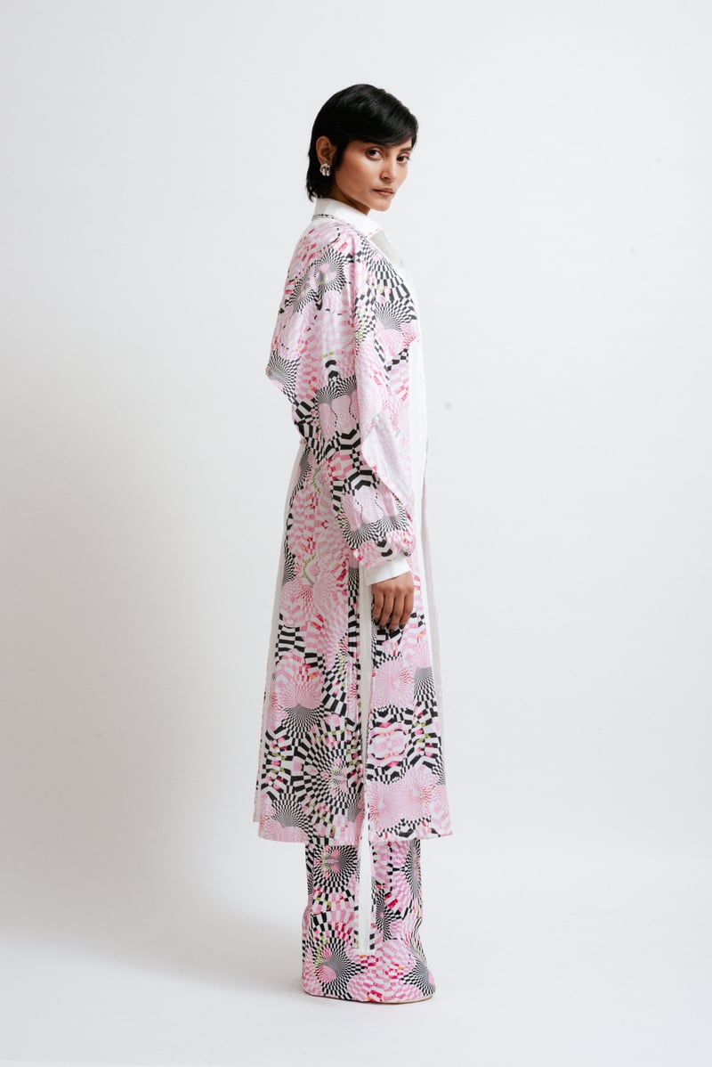 White and Pink Printed Midi Shirt Dress with Belt