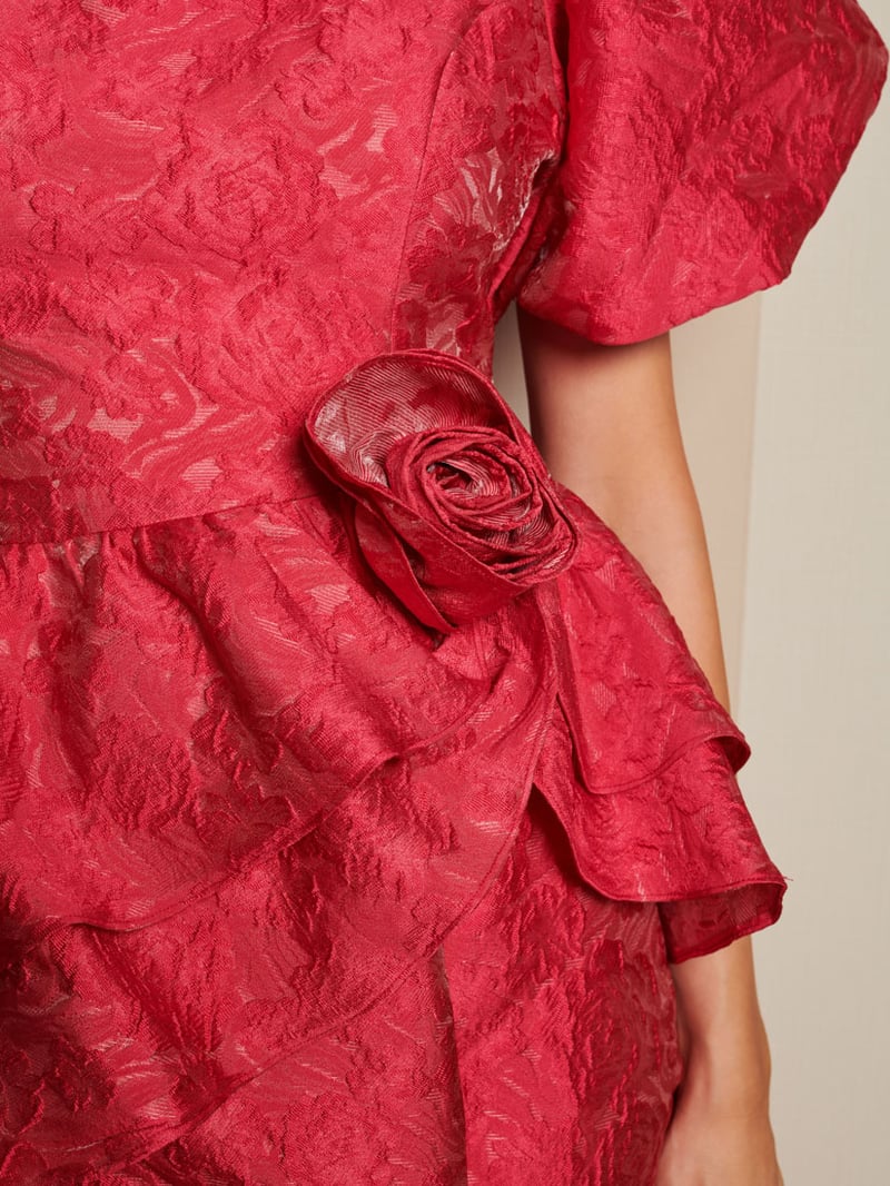 Pink Floral Jacquard Puff Sleeve Midi Dress