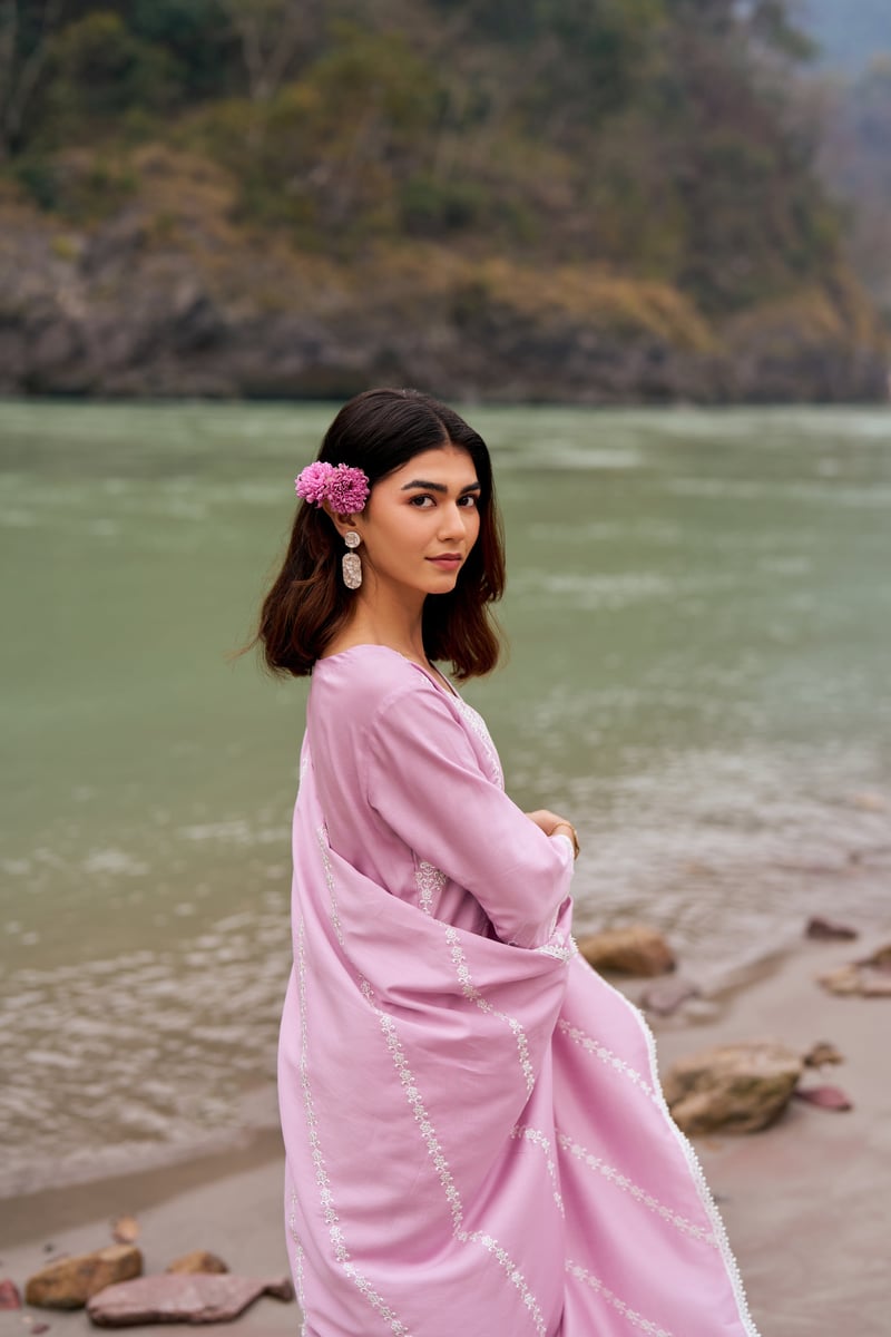 Lavender Cotton Embroidered Straight Kurta Set with Dupatta