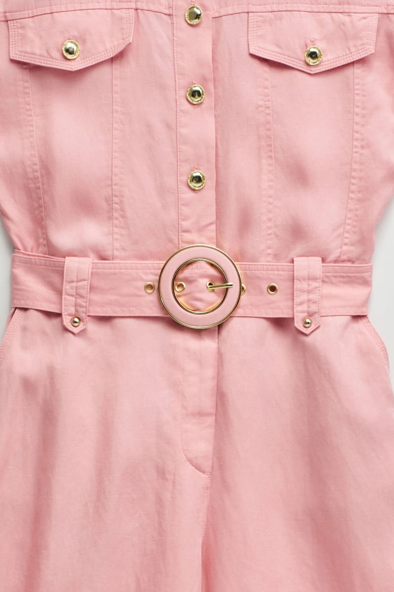 Medium Pink Light Denim Button-Front Belted Jumpsuit