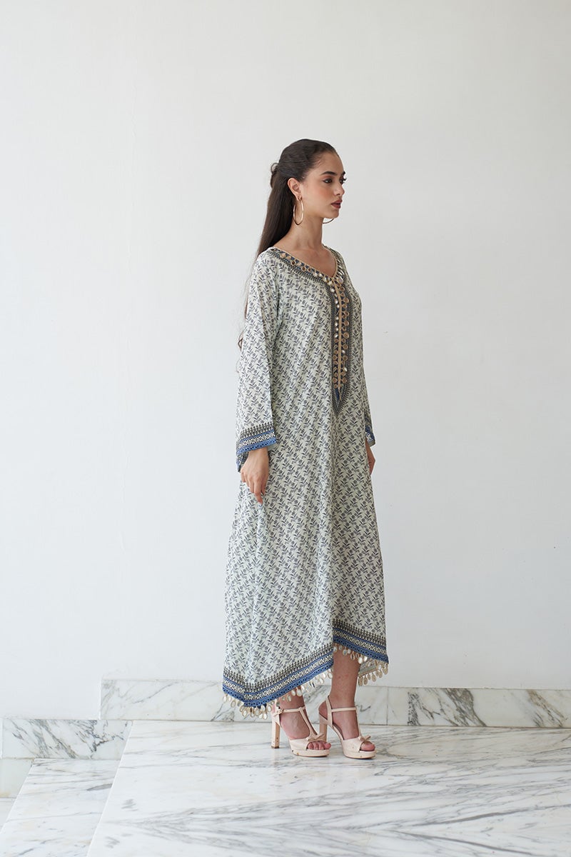 White and Blue Printed Kaftan with Mirror Work Neckline
