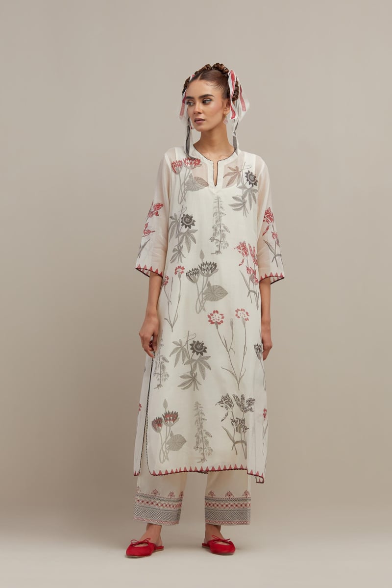 Off White Floral Block Print Cotton Chanderi Kurta Set