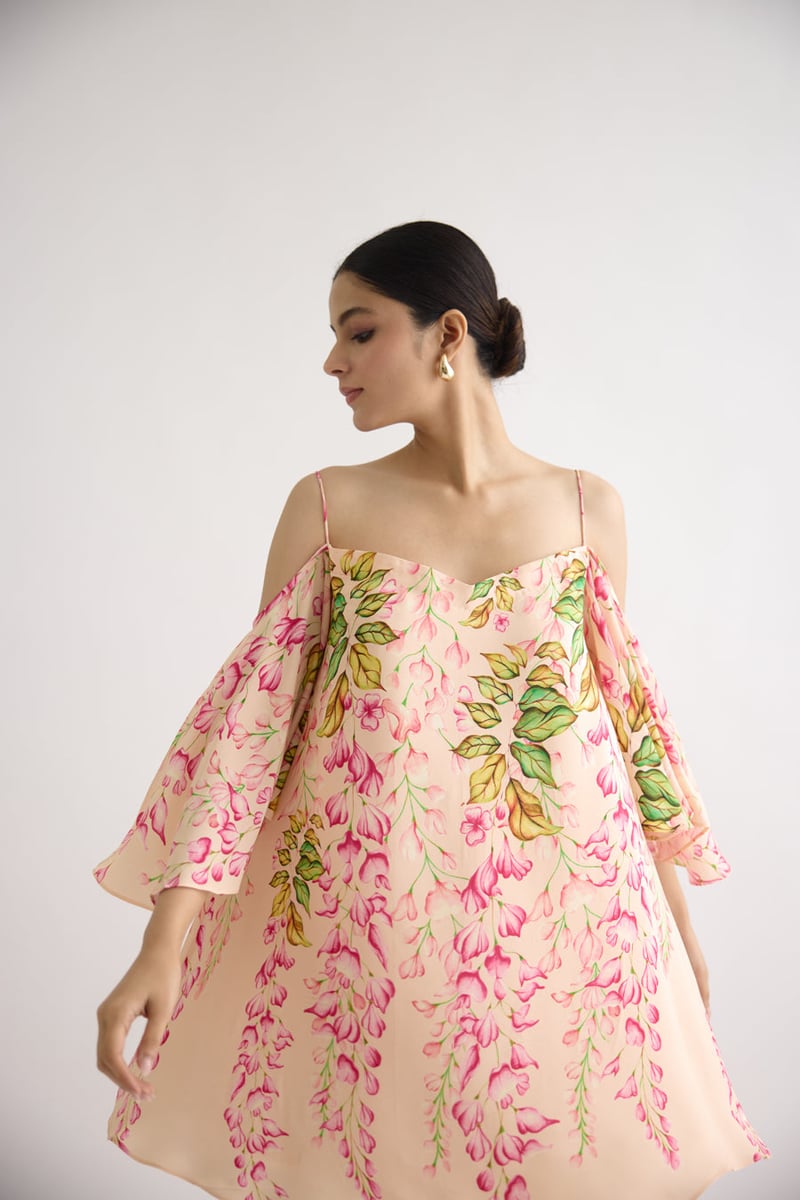 Peach Floral Off-Shoulder A-Line Mini Dress