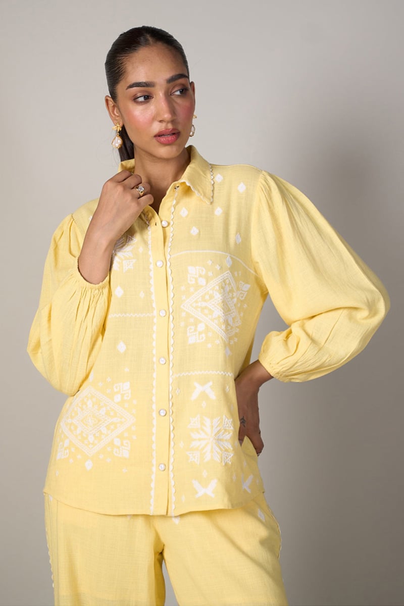 Yellow Embroidered Collared Button-Down Top