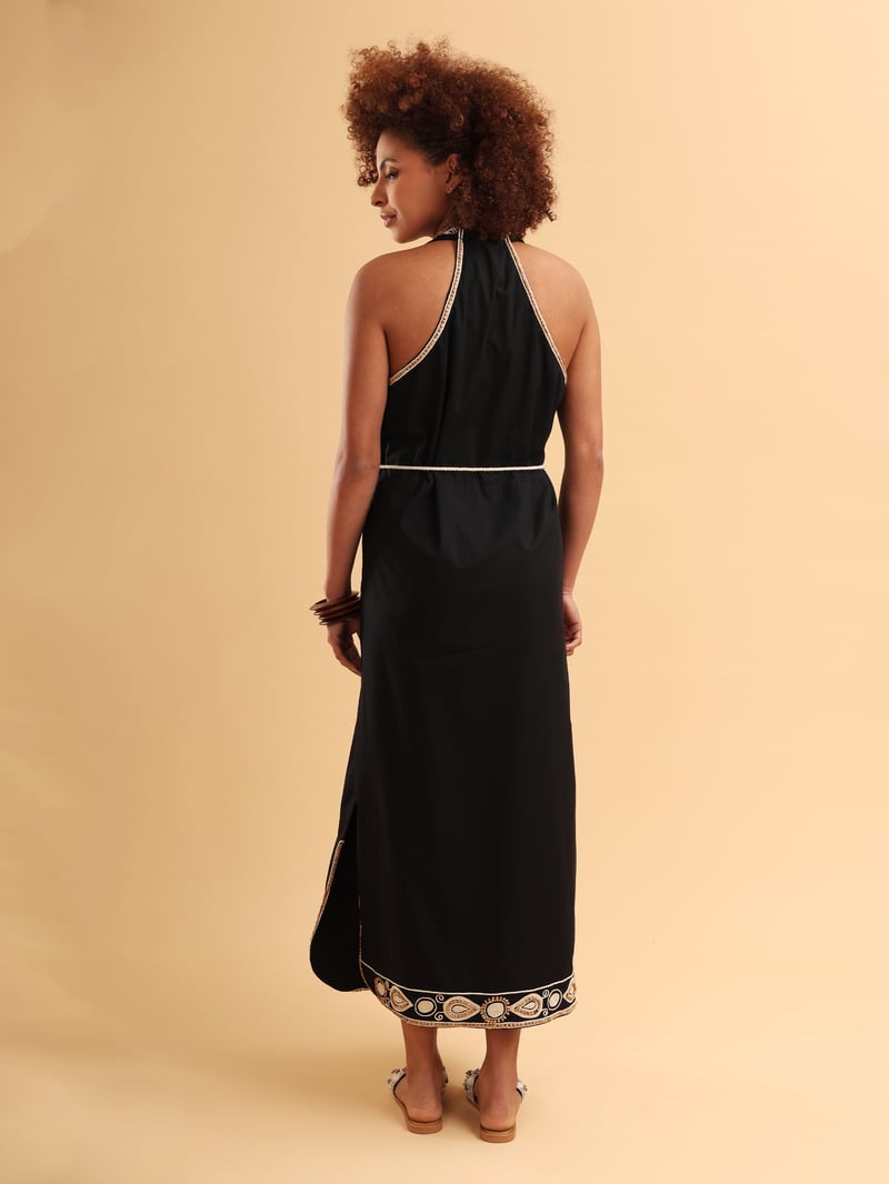 Black Halter Neck Embroidered Maxi Dress with Belt