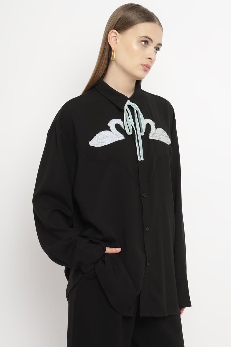 Black Oversized Swan Embroidered Shirt with Satin Necktie