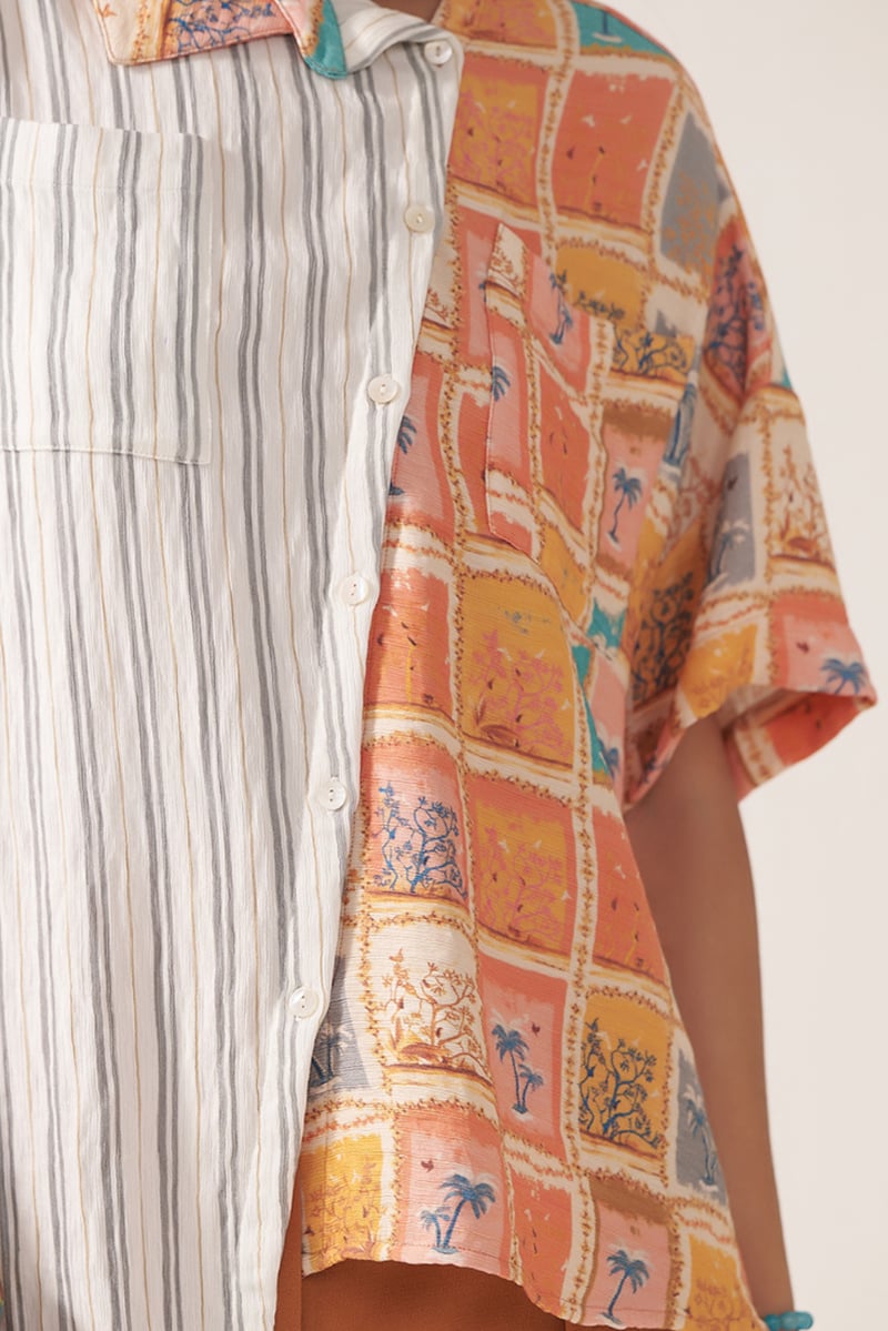 Multicolor Mixed-Print Button-Down Shirt