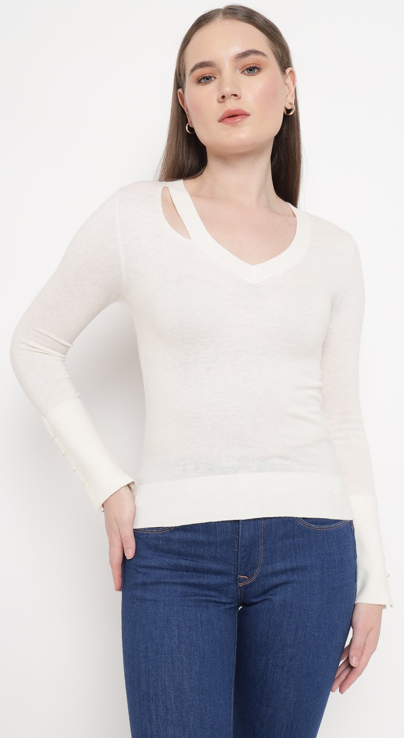 Light Beige V-Neck Slim Fit Sweater with Shoulder Cut-Out