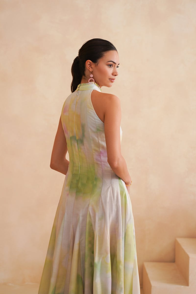 Mint Green Watercolor Print Halter Midi Dress