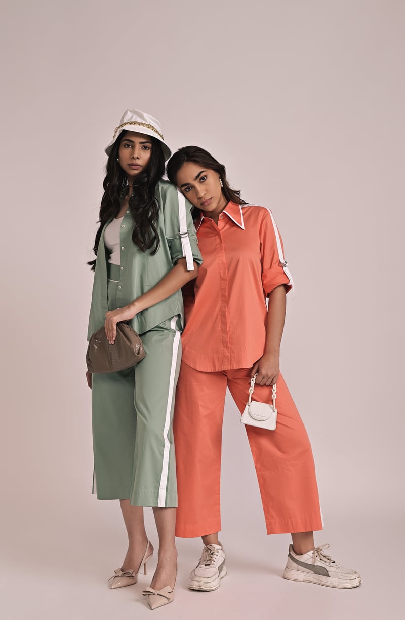 Orange Cotton Satin Shirt and Wide-Leg Pants Co-ord Set