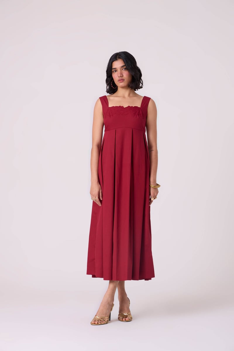 Wine Red Embroidered Neckline Fit and Flare Midi Dress
