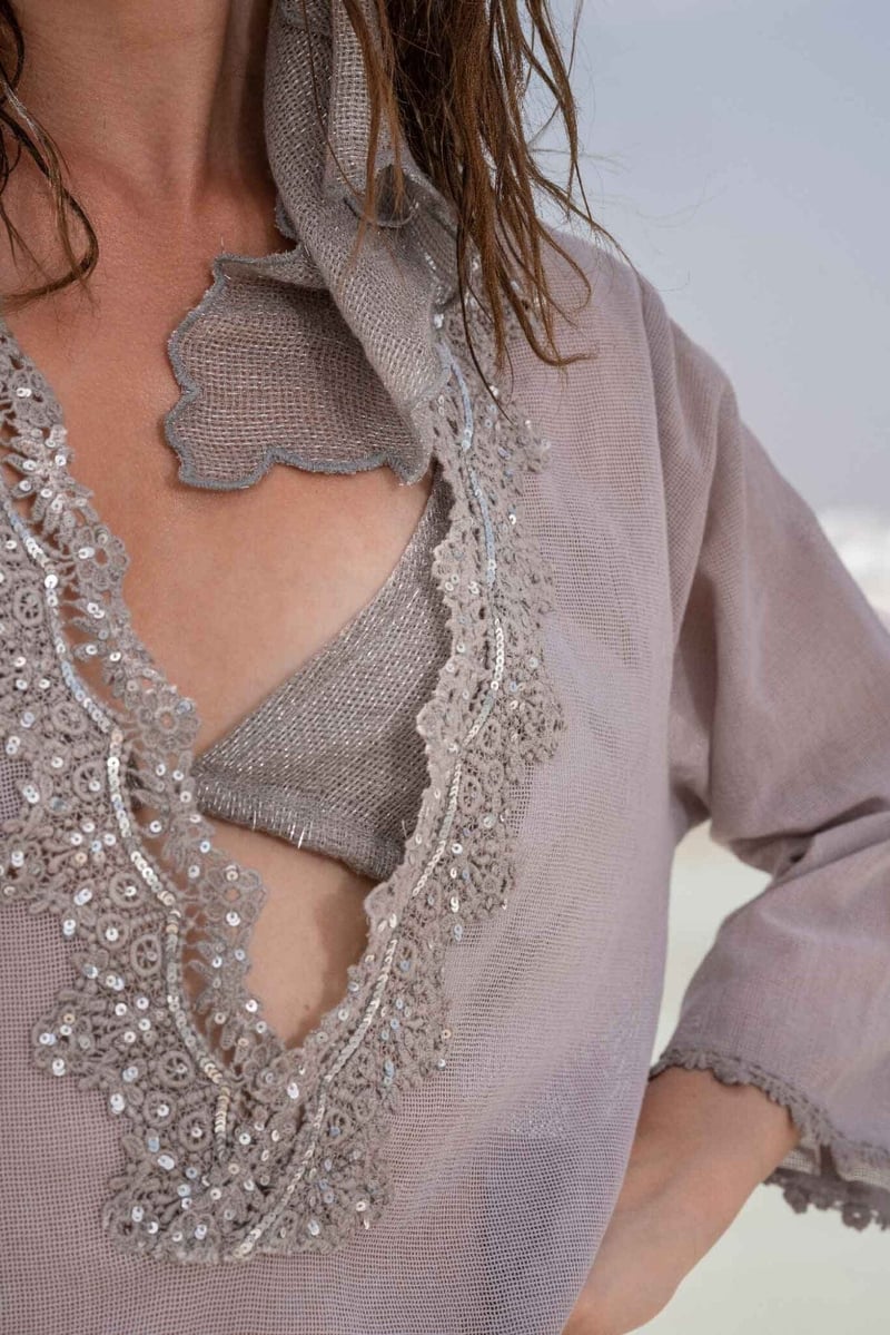 Silver Cotton Net Kurta Cover-Up with Lace and Sequin Neck
